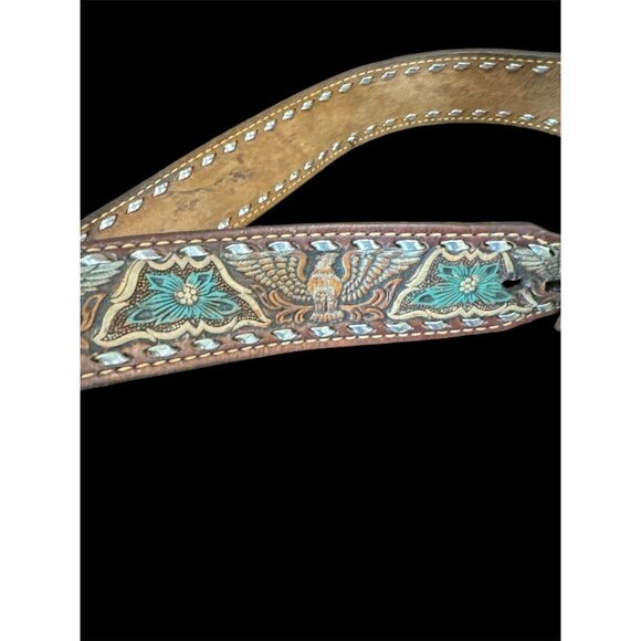 Genuine Leather Belt, Stamped Toiled Pained Eagle Toiled "POPS" Fish Buckle - Picture 3 of 7